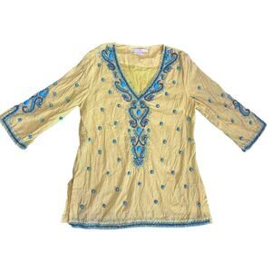 Boston Proper Women's Lightweight Turquoise Baubles Tunic top Yellow Size Medium